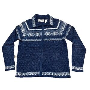 Ciara Icelandic Cardigan Sweater Women's Large Blue Nordic Fair Isle Full Zip